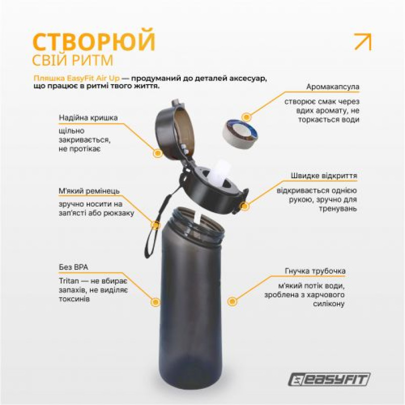 Спортивна пляшка для води зі смаками EasyFit Air Up (7 ароматизованих капсул у комплекті), 650 мл